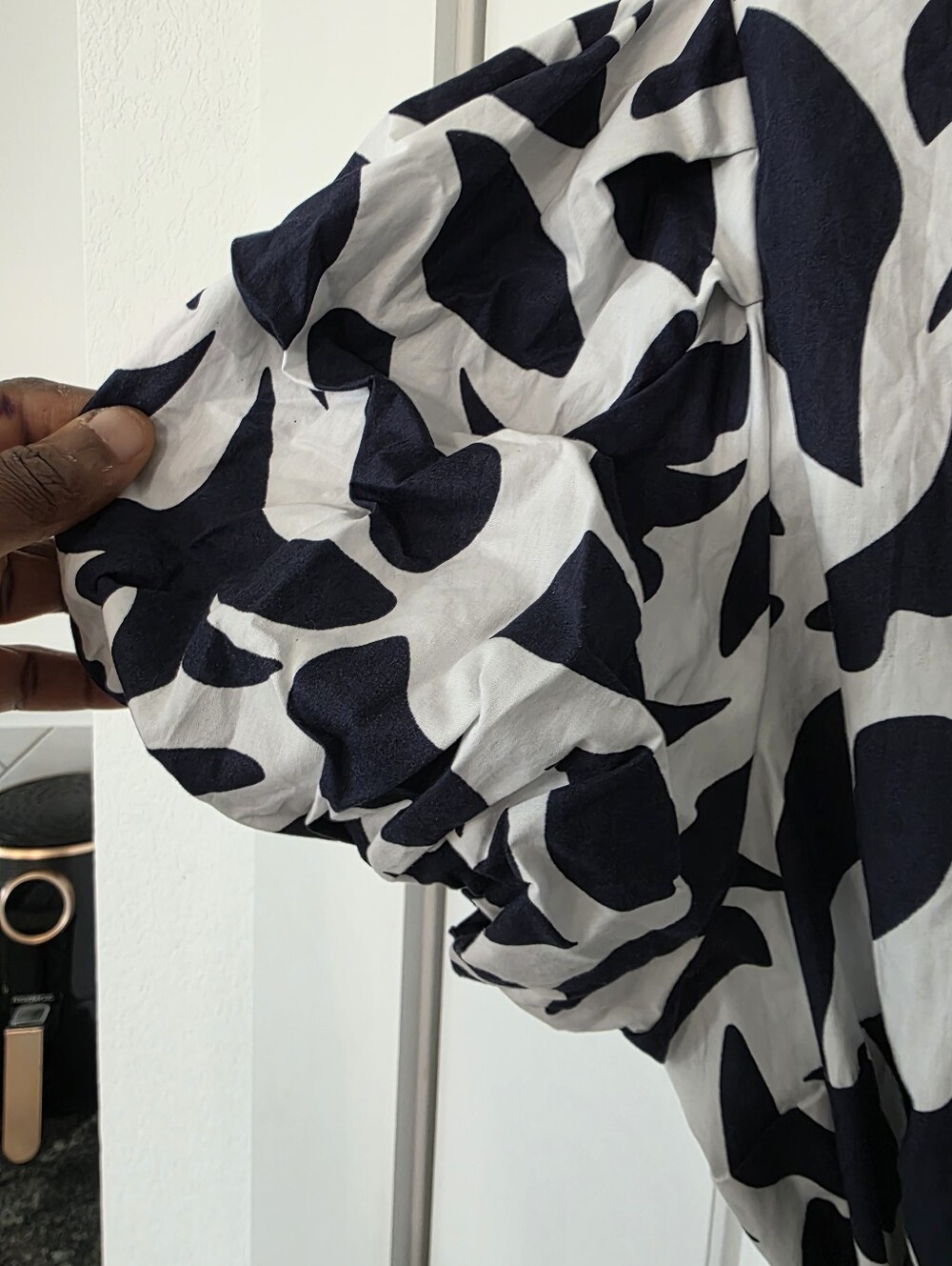 MSK Black White Abstract Print Shirt Dress XL Puff Sleeve Belted Button Front - Picture 7 of 9